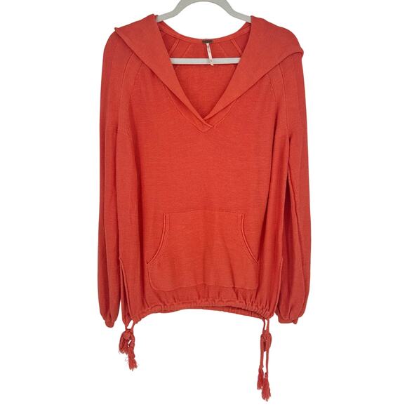 FREE PEOPLE Optimistic Linen Blend Hoodie Pullover Sweater XS Oversized Coral - Picture 3 of 12